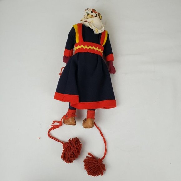 Vintage Handmade Composition 12" Doll Ethnic Woman Blue Red Dress Bonnet Cloth - Picture 9 of 10